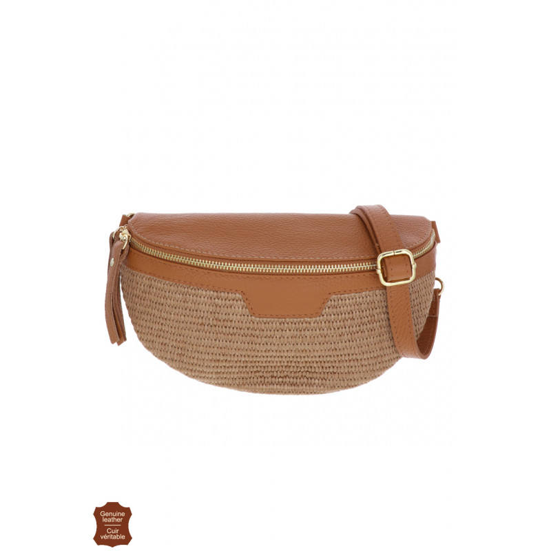 JOY, SAC BANANE CUIR, COULEUR UNIE, RAPHIA TRESSÉ