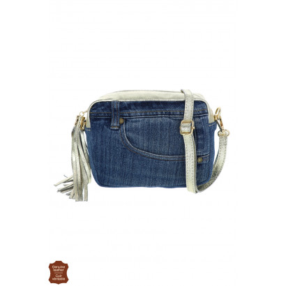 JEANY, JEANS AND SHINY LEATHER SADDLE BAG, TASSEL