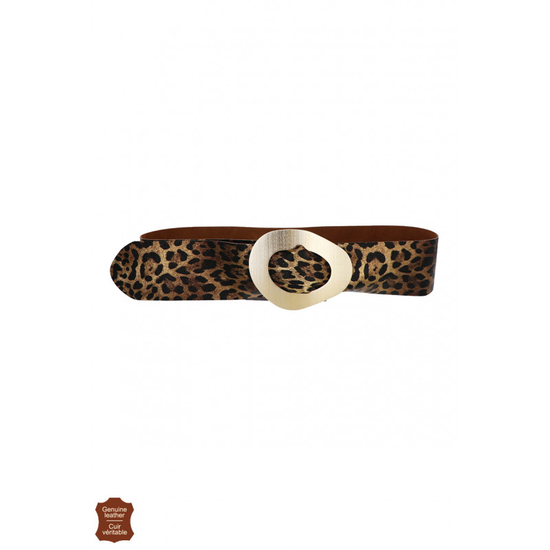 SHINY LEATHER LEOPARD BELT, ASYMMET METALL. BUCKLE