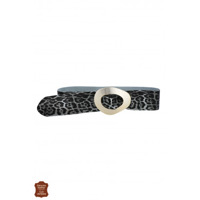 SHINY LEATHER LEOPARD BELT, ASYMMET METALL. BUCKLE