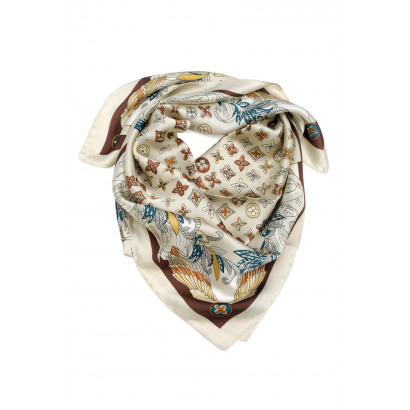 SQUARE POLYSILK SCARF WITH CROSS, FLOWERS PATTERN