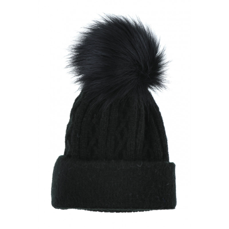 KNITTED HAT WITH TURN UP AND POMPON