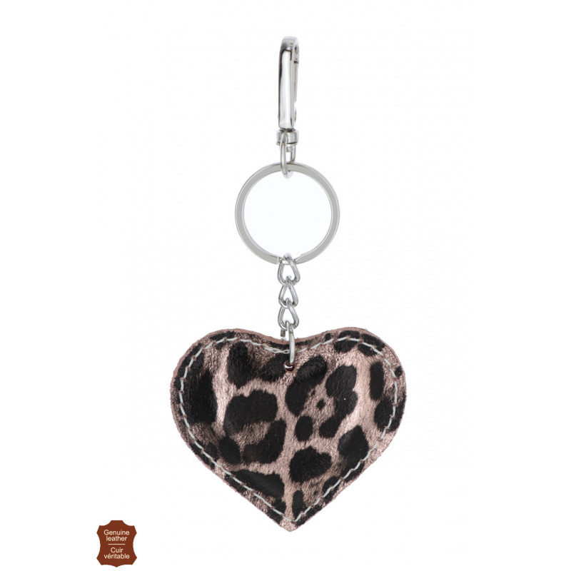 SLEUTELHANGER GLANZEND LEOPARD LEREN HART