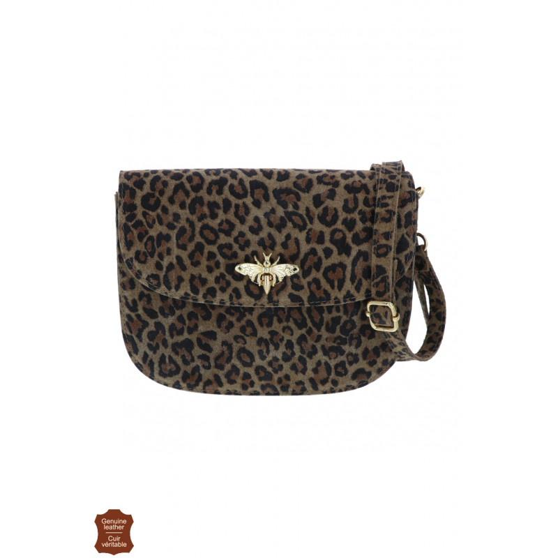 TILY, SAC À BANDOULIERE EN DAIM IMPRIMÉ LEOPARD