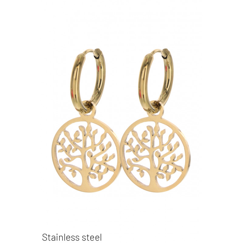 EARRINGS STEEL PADLOCK ROUND SHAPE, TREE OF LIFE