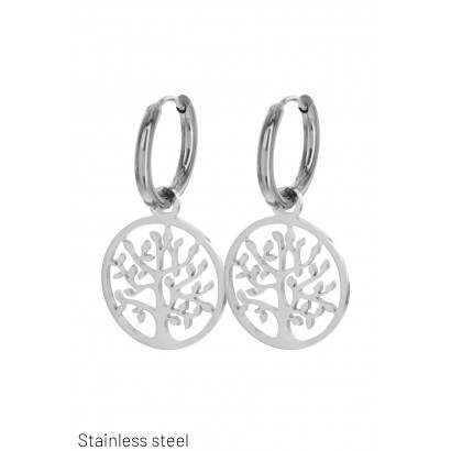 EARRINGS STEEL PADLOCK ROUND SHAPE, TREE OF LIFE