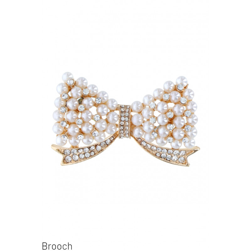 METAL BOW BROOCH WITH PEARL AND RHINESTONES