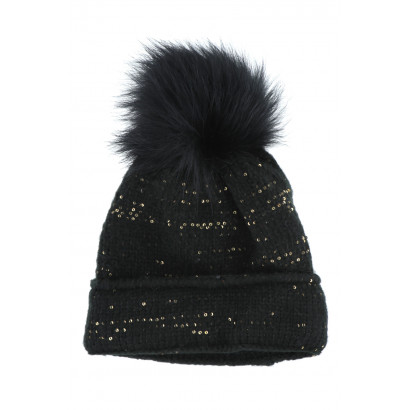 KNITTED HAT WITH POMPON AND SEQUINS
