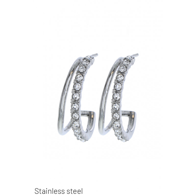 STEEL HOOP EARRINGS WITH ROUND & STRASS