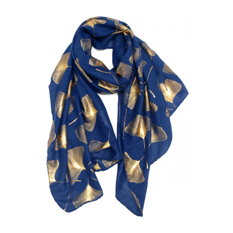 FOULARD COULEUR UNI  IMPRIME FEUILLES  DORE