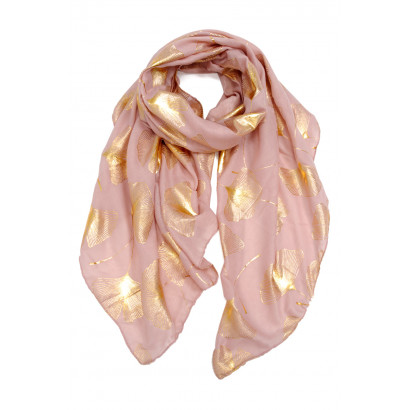 FOULARD COULEUR UNI  IMPRIME FEUILLES  DORE