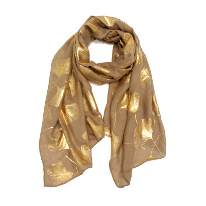 FOULARD COULEUR UNI  IMPRIME FEUILLES  DORE