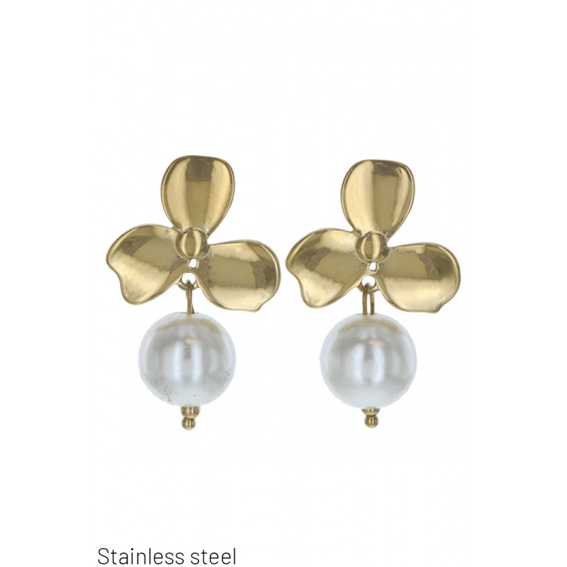 STEEL EARRING WITH FLOWER AND PEARL