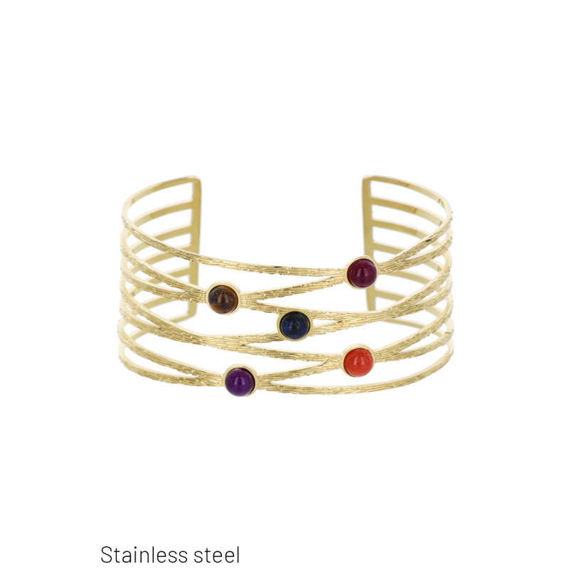 BRACELET RIGIDE EN ACIER AVEC PLUSIEURS PIERRES