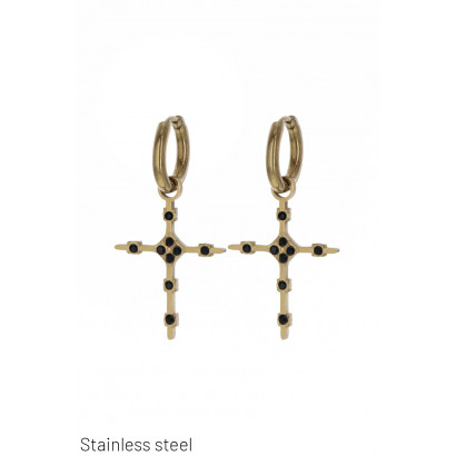 STEEL EARRING WITH CROSS AND STONE PENDANT