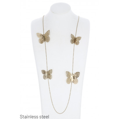 COLLIER LONG CHAINE PENDENTIF PAPILLONS EN ACIER