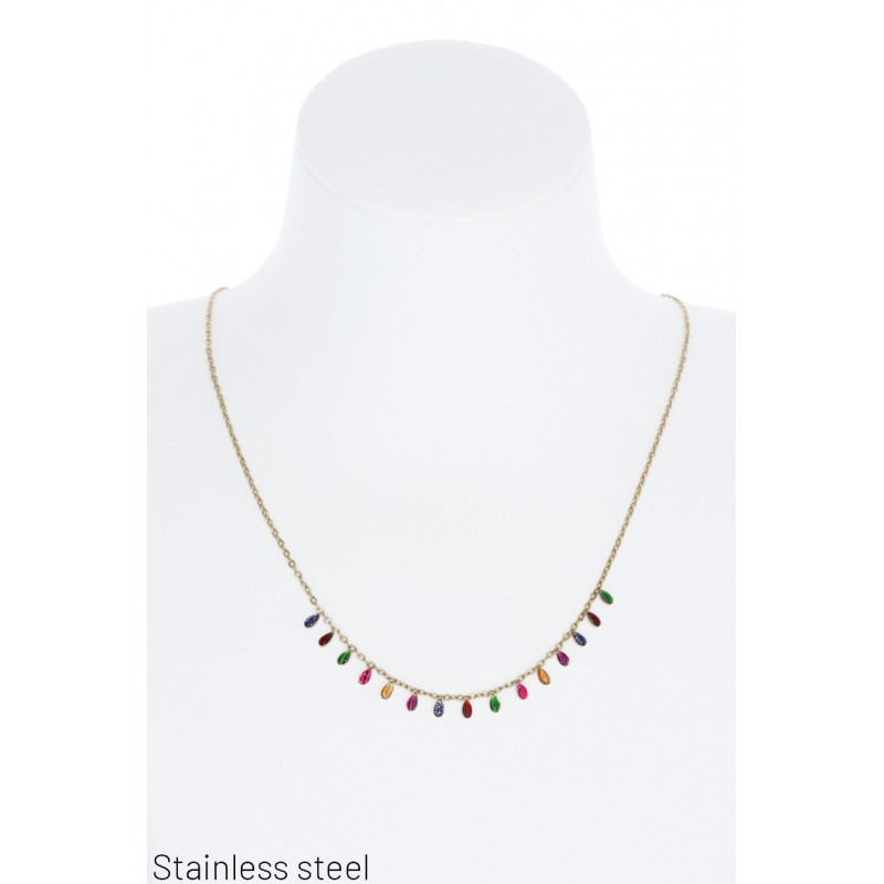 STAINLESS STEEL NECKLACE W/RESINE STONE COLOURFUL