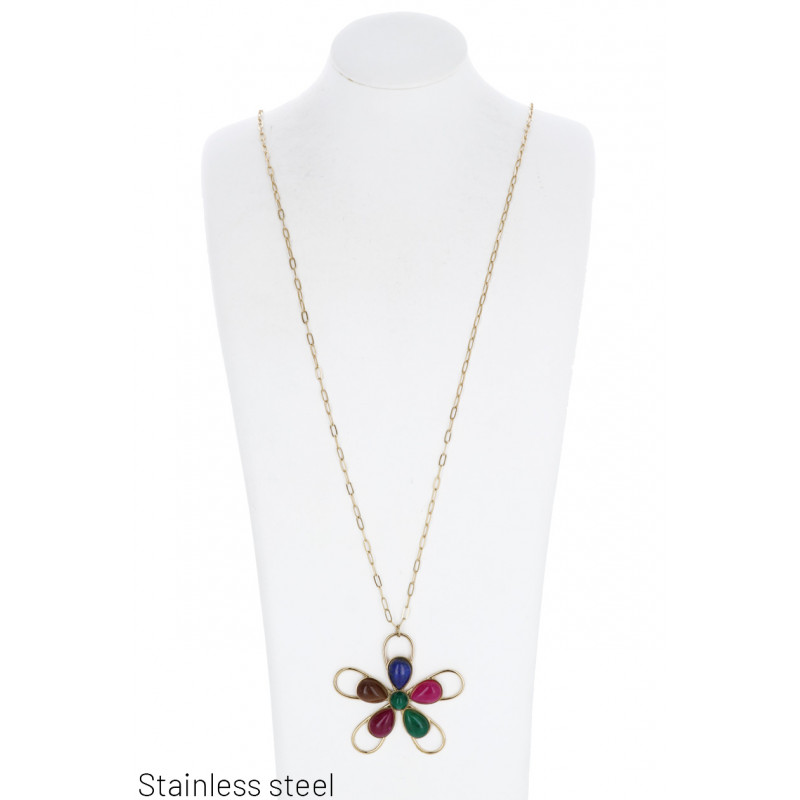 STAINLESS LONG CHAIN NECKLACE WITH FLOWER PENDANT