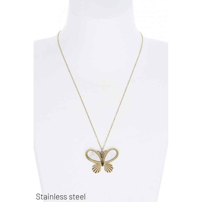 STAINL.STEEL NECKLACE WITH BUTTERFLIES & STONE