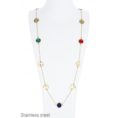 LONG STEEL NECKLACE WITH PENDENT COLORED STONES