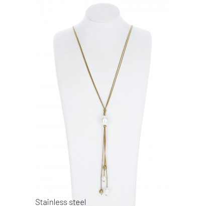 COLLIER ACIER LONG TRAVERSANT UNE PERLE