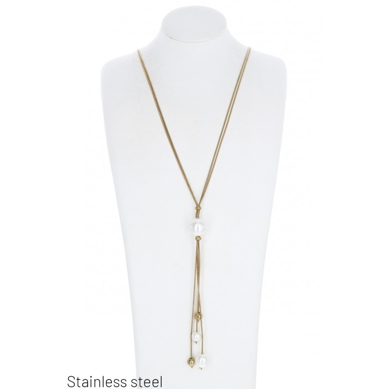 COLLIER ACIER LONG TRAVERSANT UNE PERLE