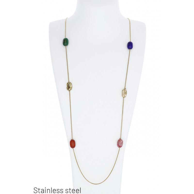 LONG NECKLACE WITH PENDENT STEEL&COLORED STONES