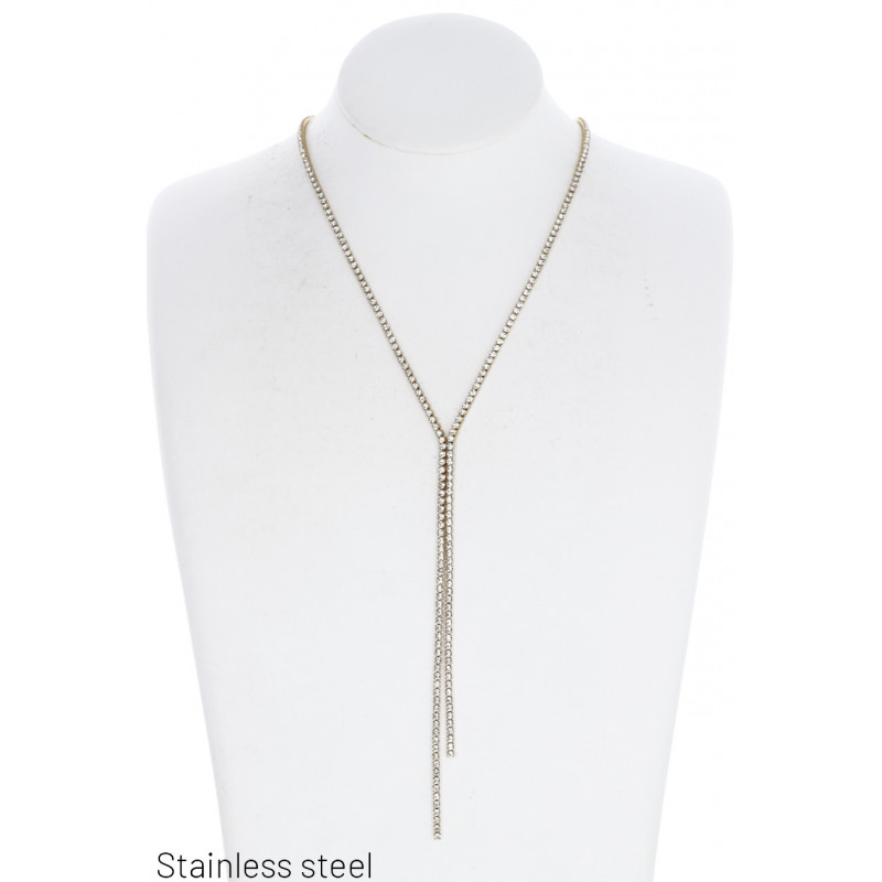 STAAL HALSKETTING LANGE MET KETTING KWASTJE STRASS