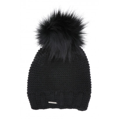 CABLE KNITTED HAT WITH POMPON IN FAKE FUR