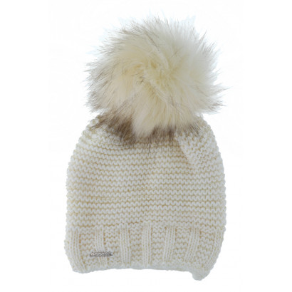 CABLE KNITTED HAT WITH POMPON IN FAKE FUR