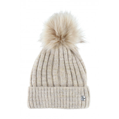 KNITTED HAT WITH TURN UP, LUREX AND POMPON