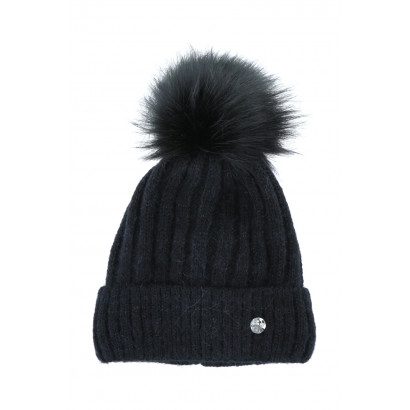 KNITTED HAT WITH TURN UP, LUREX AND POMPON