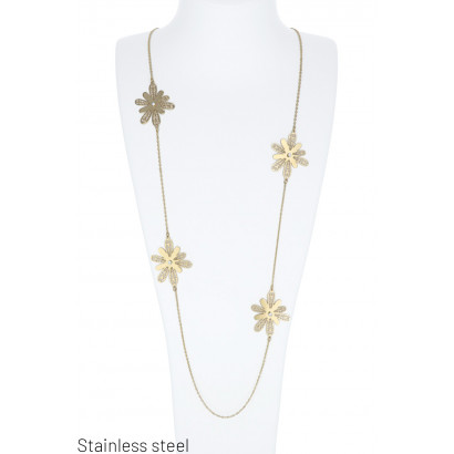 LONG COLLIER EN ACIER AVEC FLEURS ET STRASS