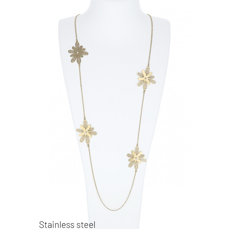 LONG COLLIER EN ACIER AVEC FLEURS ET STRASS