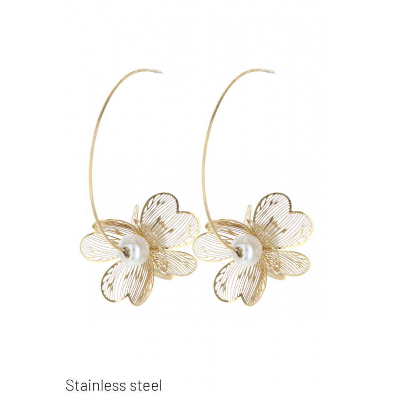 STEEL EARRINGS WITH FLOWER PENDANT & PEARL