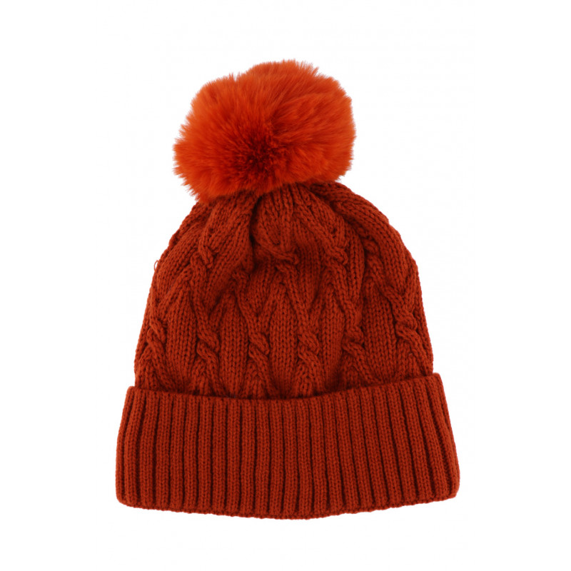 CABLE KNITTED HAT WITH POMPON IN FAKE FUR