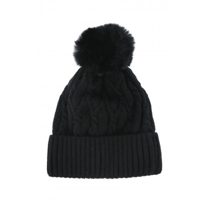 CABLE KNITTED HAT WITH POMPON IN FAKE FUR