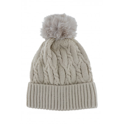 CABLE KNITTED HAT WITH POMPON IN FAKE FUR