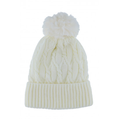 BONNET TRICOTE TORSADES AVEC POMPON FAUSSE FOURRUR