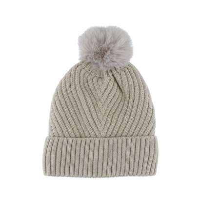 KNITTED HAT WITH TURN UP, STRIPES AND POMPON