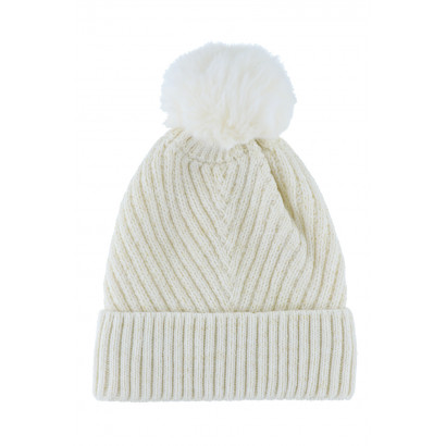 KNITTED HAT WITH TURN UP, STRIPES AND POMPON