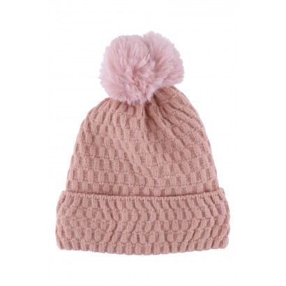 KNITTED HAT WITH TURN UP, GEOMETRIC AND POMPON