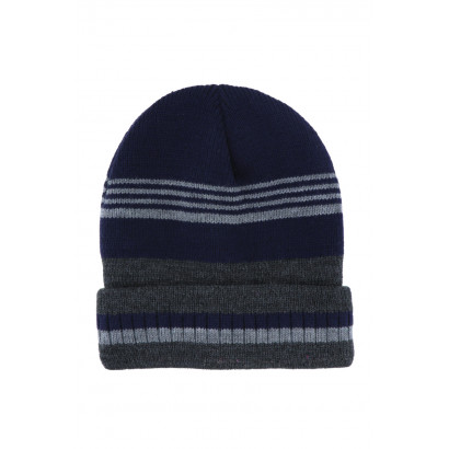 KIDS KNITTED HAT WITH TURN UP AND STRIPES