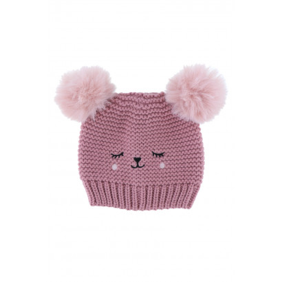 KIDS KNITTED HAT WITH TWO POMPONS AND BEAR FACE