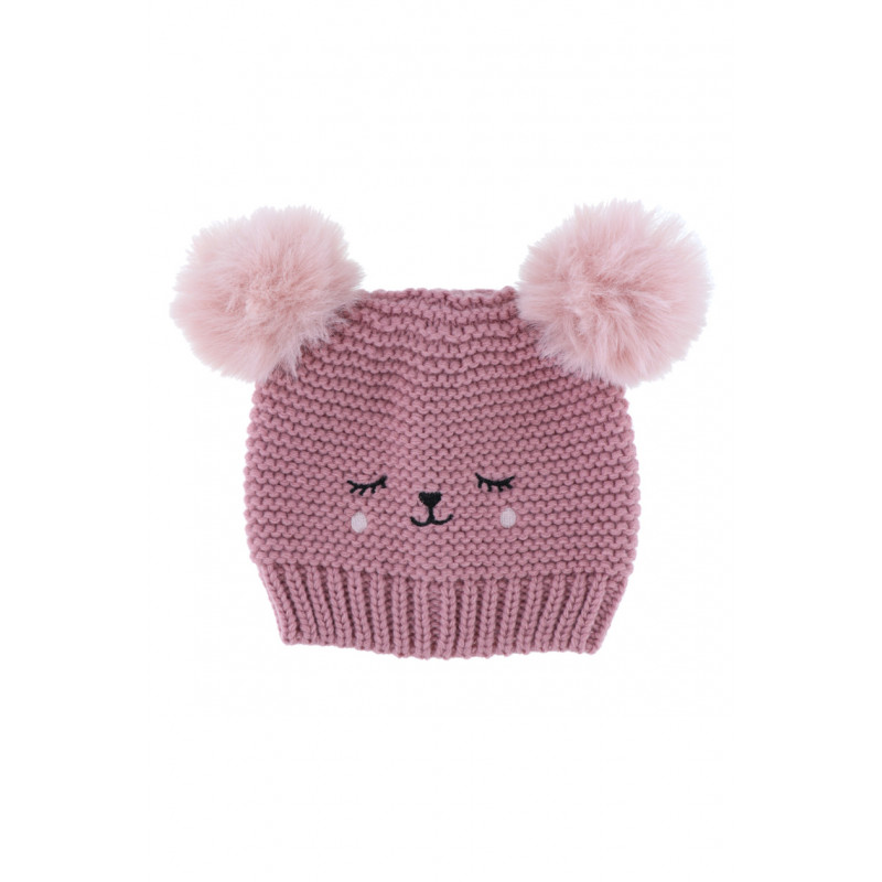 KIDS KNITTED HAT WITH TWO POMPONS AND BEAR FACE