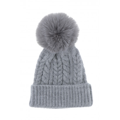 CABLE KNITTED HAT WITH POMPON IN FAKE FUR