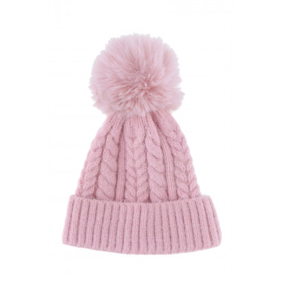 BONNET TRICOTE TORSADES AVEC POMPON FAUSSE FOURRUR