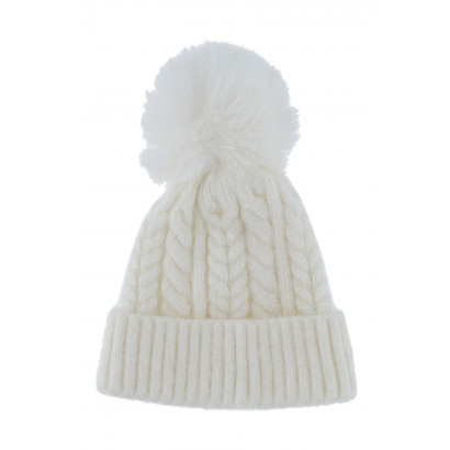 BONNET TRICOTE TORSADES AVEC POMPON FAUSSE FOURRUR