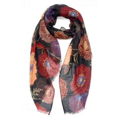 FOULARD IMPRIME FLEURS ET LUREX DORE