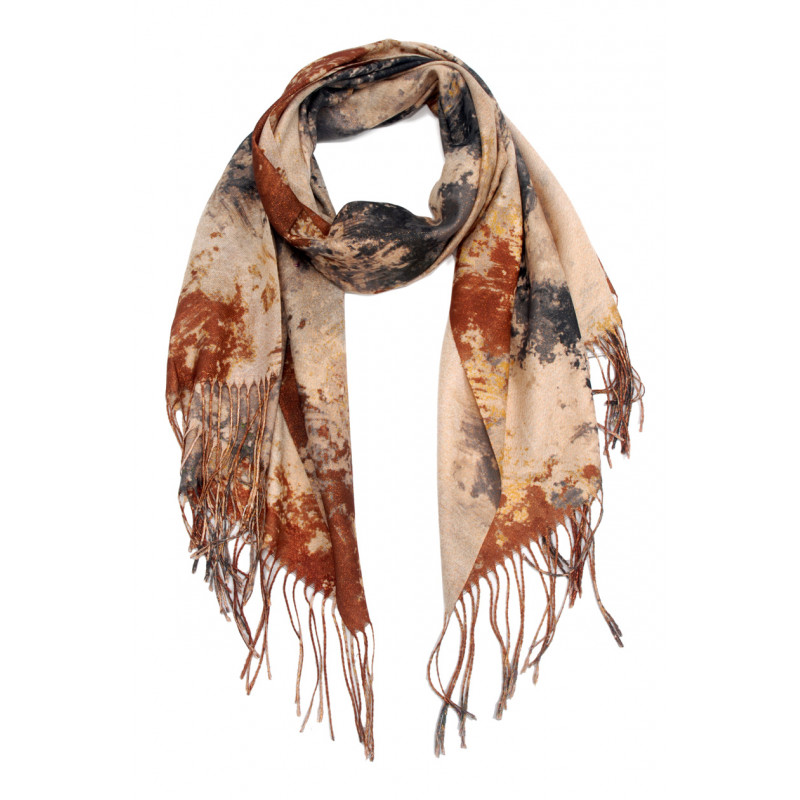 FOULARD IMPRIME DESSIN ABSTRAIT ET FRANGES